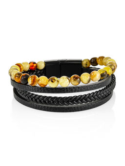 Стильный мужской браслет из кожи и янтаря Сильверстоун