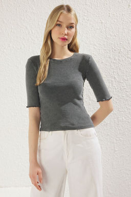 Antrasit Y?kamal? Fitilli Fitted/Vucuda Oturan Bisiklet Yaka Esnek Orme Bluz TWOSS23BZ00025