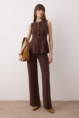 Kahverengi Selanik Dugmeli Belden Ac?lan Wide Leg/Palazzo Alt Orme Alt - Ust Tak?m TWOAW26AU00092