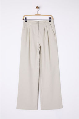 Bej Wide Leg/Genis Paca Pilili Dokuma Pantolon TWOAW22PL0475