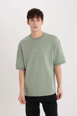 Loose Fit Bisiklet Yaka Bask?l? Ag?r Kumas Tisort - Defacto фото 4