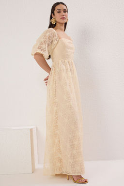 TRENDYOLMILLA Somon A Kesim Cicekli Astarl? Uzun Abiye Elbise TPRSS25AE00038