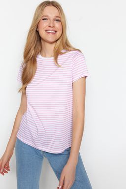 TRENDYOLMILLA Kahverengi-Bej-Haki Cizgili 3lu Paket Basic Bisiklet Yaka Orme T-Shirt TWOSS20TS0146 фото 35