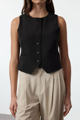 Siyah Fitted Crop Dokuma Yelek TWOAW25YE00055