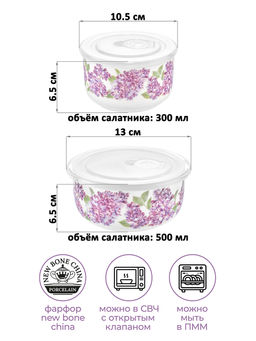 Набор салатников 2 пр. 500 мл 13*13*6,5 см+300 мл 10,5*10,5*6,5 см "Сирень" с пл.крыш.NEW BONE CHINA