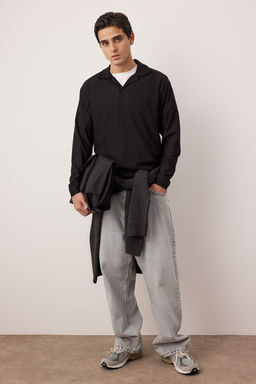 Siyah Oversize Polo Yaka Duz Orme Polo Yaka T-shirt TMNAW25PO00001