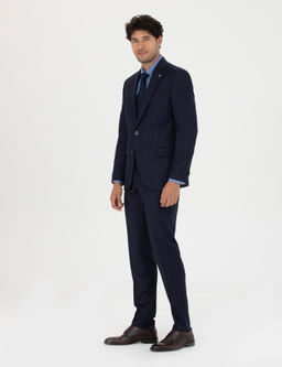%100 Y_n Lacivert _izgili Ekstra Slim Fit Tak_m Elbise