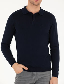 Базовый трикотажный свитер узкого кроя темно-синего цвета с воротником-поло - Cacharel фото 13