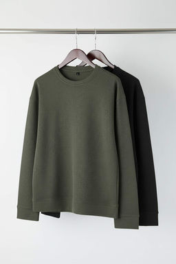 Siyah - Haki Yeni Oversize/Genis Kal?p 2li Paket Dokulu Waffle Sweatshirt TMNAW26SW00028 - Trendyolmilla фото 8