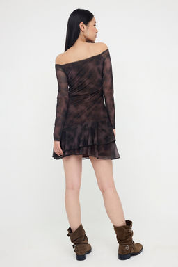 Cok Renkli Bask?l? Bodycon Mini F?rf?rl? Carmen Yaka Astarl? Tul Esnek Orme Elbise TWOAW26EL00031 - Trendyolmilla фото 4