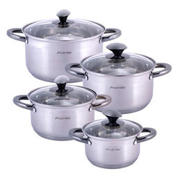 Набор кастрюль 8 предметов (1,5л, 2л, 3л, 5л; полые черные ручки) из нержавеющей стали (4927)