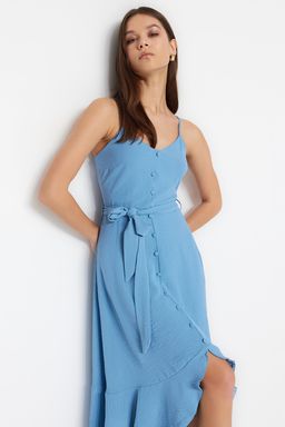 Indigo Kusakl? A-Kesim Volanl?Dugme Detayl? Dokuma Maxi Elbise TWOSS23EL02271