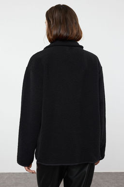 Winter Essentials Siyah Kal?n Polar Fermuarl? Dik Yaka Uzun Kol Cepli Orme Sweatshirt TWOAW24SW00071