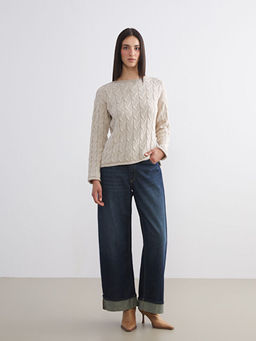 Kay?k Yaka Kendinden Desenli Kad?n Triko Kazak