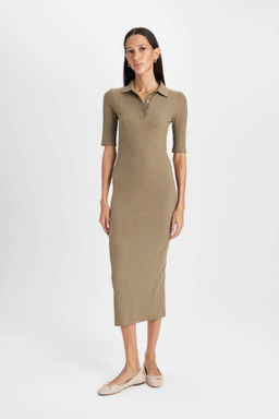 Bodycon Vucuda Oturan Basic Duz Dugmeli Polo Yaka Fitilli Kaskorse Yar?m Kollu Midi Siyah Elbise - Defacto фото 2