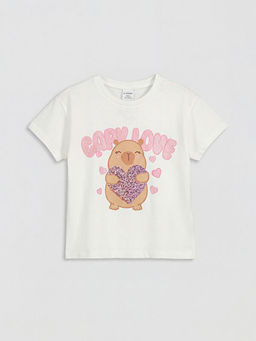 Bisiklet Yaka Bask?l? K?z ?ocuk Ti??rt