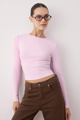 Ac?k Pembe Premium Viskon Bisiklet Yaka Crop Esnek Orme Bluz TWOAW24BZ00116