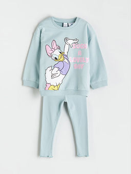 Bisiklet Yaka Uzun Kollu Daisy Duck Bask?l? K?z Bebek Sweatshirt ve Tayt 2li