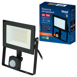 ULF-F62-50W/6500K SENSOR IP54 200-240В BLACK Прожектор светодиодный с датчиком движения и освещенности. Дневной свет (6500K). Корпус черный. TM Uniel