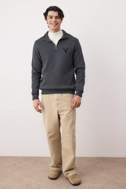 Antrasit Regular/Normal Kesim Dik Yaka Fermuarl? Pamuklu Geyik Nak?s Sweatshirt TMNAW24SW00041