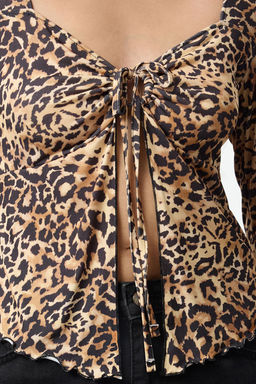 Trendyolmilla Kahverengi Leopar Bask?l? Baglama Detayl? Vucuda Oturan Esnek Orme Bluz TWOAW25BZ00249