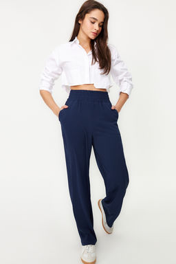 Lacivert Wide Leg/Genis Paca Beli Lastikli Dokuma Pantolon TWOSS22PL00024