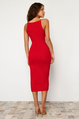 TRENDYOLMILLA K?rm?z? Vucuda Oturan Halter Yaka Fitilli Esnek Orme Midi Kalem Elbise TWOSS24EL00020 фото 5