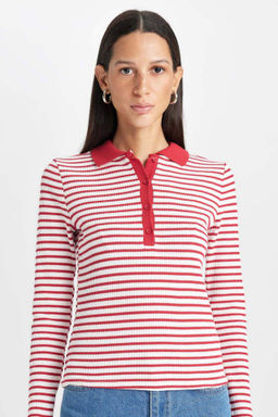 Slim Fit Dar Kesim Polo Yaka Dugmeli Cizgili Fitilli Kaskorse Uzun Kollu Tisort - Defacto фото 2