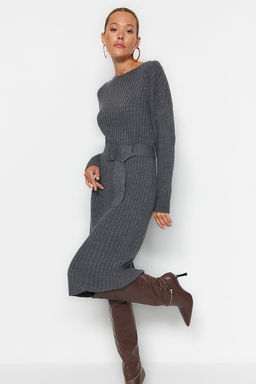 Antrasit Mini Triko Kemerli Elbise TWOAW23EL00444