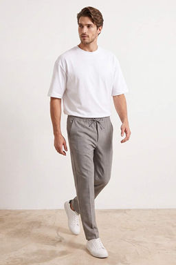 Gri Dar Kal_p/Straight Fit Dokulu Beli Lastikli Boru Pa_a Erkek Dokuma Pantolon TMNSS26PL00016
