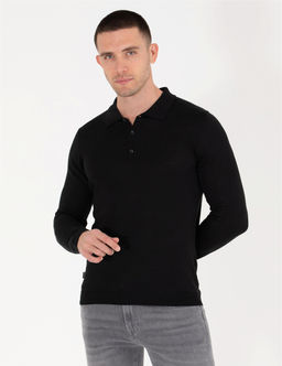 Siyah Slim Fit Polo Yaka Y_n Kar___ml_ Basic Triko Kazak