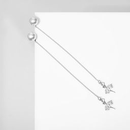 Серьги с жемчугом Цепочки балерина и бусина, цвет белый в серебре, шар №10