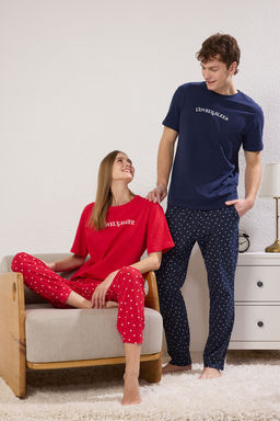 Trendyolmilla Kad?n Couple/Cift K?rm?z? Pamuklu Kalpli Sloganl? Orme Pijama Tak?m? THMSS25PT00283
