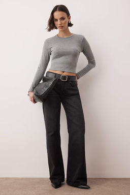 Gri Melanj Premium Viskon Bisiklet Yaka Crop Esnek Orme Bluz TWOAW24BZ00116