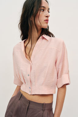 CAMISA CORTA CON LINO / rosa claro - Zara фото 2