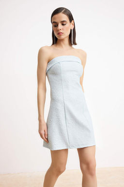 Ac?k Mavi Dokulu Dokuma Jakar K?sa / Mini Astars?z Elbise