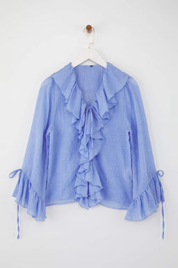 Trendyolmilla Bej F?rf?rl? Bohem Ince Pamuklu Kumas Uzun Kol Dokuma Bluz TWOSS25BZ00551 фото 5