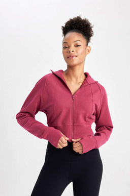 Укороченный толстый свитшот DeFactoFit с капюшоном и двойным карманом на молнии фото 6