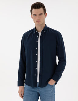 Рубашка Pierre Cardin Slim Fit темно-синяя из льна