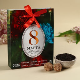 Набор 8 марта: чай чёрный со вкусом: ваниль и карамель 50 г., шоколадные конфеты 100 г.
