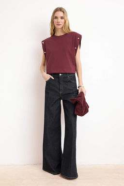 Bordo %100 Pamuk Dugme Detayl? Vatka Gorunumlu Basic Bisiklet Yaka Orme T-Shirt TWOSS23TS00016