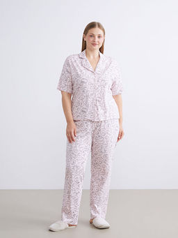 G?mlek Yaka Bask?l? Kad?n Pijama Tak?m?