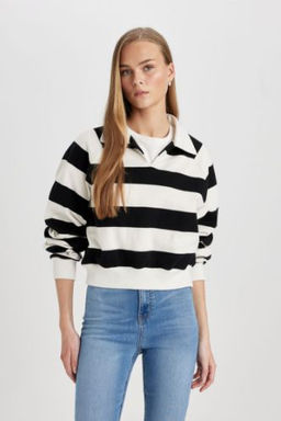 Crop Polo Yaka Cizgili Kal?n Sweatshirt