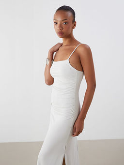 Kare Yaka Ask?l? B?zg?l? Elbise