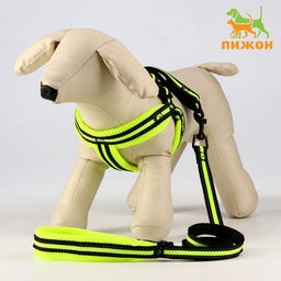 Комплект амуниции светоотражающий с мягкими шлейкой и ручкой, поводок 120 х 1,5 см, ОШ 35-53 см, жёл