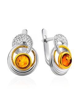 Красивые серьги с позолоченными элементами, украшенные янтарём Глория