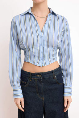 Mavi-Cok Renkli Cizgili Bedene Oturan Gipe Detayl? Crop Gomlek TWOSS26GO00108 - Trendyolmilla фото 3