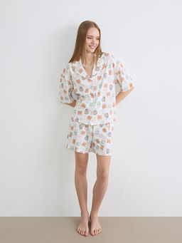 G?mlek Yaka Desenli Kad?n ?ortlu Pijama Tak?m?