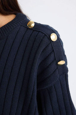 Женский темно-синий свитер в рубчик свободного кроя с круглым вырезом и подола - Defacto фото 5