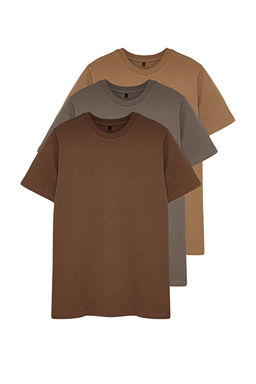 Kahverengi-Bej-Gri Slim/Dar Kesim Bisiklet Yaka Basic %100 Pamuklu 3l_ Paket T-Shirt TMNSS19BO0007 - Trendyolmilla фото 2